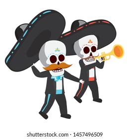 mexican skulls mariachis playing trumpet vector illustration design