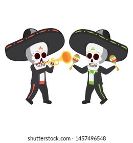 mexican skulls mariachis playing trumpet and maracas vector illustration design