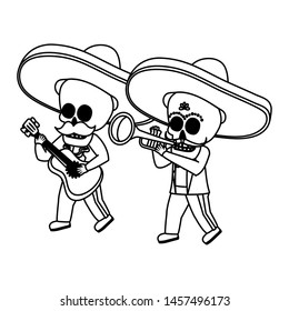 mexican skulls mariachis with trumpet and guitar vector illustration design