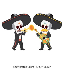 mexican skulls mariachis with trumpet and guitar vector illustration design