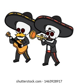 mexican skulls mariachis with trumpet and guitar vector illustration design