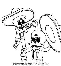 mexican skulls mariachis with trumpet and tequila bottle vector illustration design