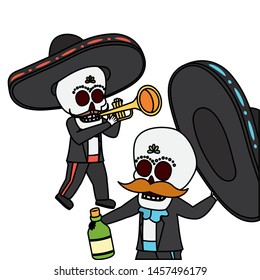 mexican skulls mariachis with trumpet and tequila bottle vector illustration design