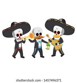 mexican skulls mariachis with trumpet and tequila bottle vector illustration design