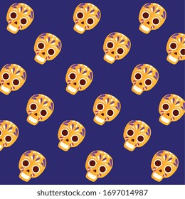 Calaveras mexicanas sobre el diseño de fondo morado, la cultura mexicana, el turismo y el tema del partido.