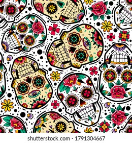 Mexican skulls seamless pattern. Vector illustration. Dia de los muertos shugar colorful heads.