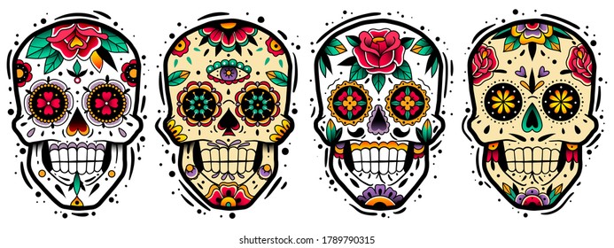 Mexican skulls set. Vector illustration. Dia de los muertos shugar colorful heads.