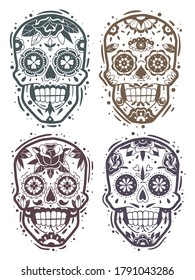 Mexican skulls set. Vector illustration. Dia de los muertos shugar monochrome stencil heads.