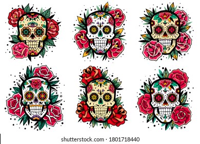 Mexican skulls set. Vector illustration. Dia de los muertos shugar colorful heads.