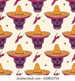 Mexican skulls, sombrero and chilli, hand drawn background. Colorful wallpaper vector. Seamless pattern with sugar skulls. Day of the dead, traditional holiday in Mexico. Decorative illustration