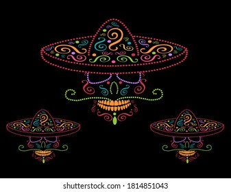 Mexican skulls with sombrero, Day of the dead colorful background	