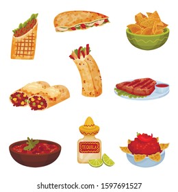 Mexican Snacks and Dishes Vector Set. Appetizing Traditional Courses and Starters Collection