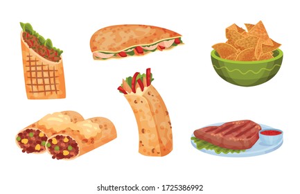 Mexican Snacks and Dishes Vector Set. Appetizing Traditional Courses and Starters Collection