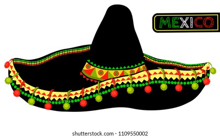 Mexican sombrero black with bright pattern and pompoms. Vector illustration.