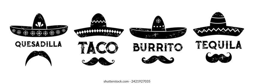 Mexican sombrero with burrito and quesadilla, taco and tequila, Mexico cuisine vector emblems. Sombrero grunge silhouettes with mustaches and latin ornament for Mexican food and drink bar signs