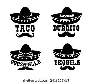 Mexican sombrero with burrito, taco, quesadilla and tequila typography words. Isolated vector black silhouettes of traditional latin headwear with mustaches and creative lettering of tex mex meals