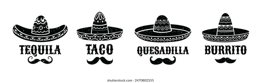 Der mexikanische Sombrero. Burrito und Taco, Quesadilla und Tequila Zeichen. Vereinzelte schwarze Silhouetten aus traditioneller lateinischer Kopfbedeckung mit Schnurrbart und kreativen Typografie-Namen der nationalen Tex Mex Vektorgrafiken