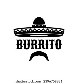 sombrero mexicano y burrito, cocina de tex mex y bar de comida mexicana o icono vector de restaurante. Sombrero y silueta de bigote con ornamento étnico para el menú de comida rápida de burrito mexicano