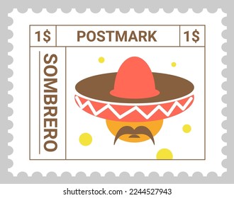 Mexican sombrero, character wearing traditional hat. Personage with mustaches. Postcard or postmark with price, national culture. Postage mark or card, mailing and correspondence. Vector in flat style
