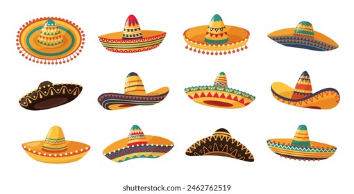 Mexican sombrero. Charro cowboy and mariachi musician hats, Cinco de Mayo fiesta party decorations cartoon vector set of cowboy mariachi, mexican sombrero