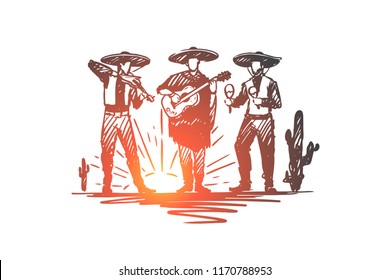 Mexican, sombrero, cinco de mayo, holiday concept. Hand drawn mexican musicians playing on instruments concept sketch. Isolated vector illustration.