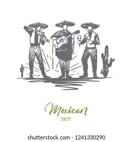 Mexican, sombrero, cinco de mayo, holiday concept. Hand drawn mexican musicians playing on instruments concept sketch. Isolated vector illustration.