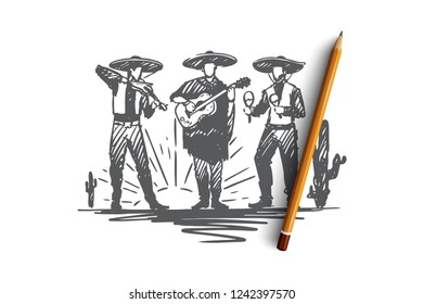 Mexican, sombrero, cinco de mayo, holiday concept. Hand drawn mexican musicians playing on instruments concept sketch. Isolated vector illustration.