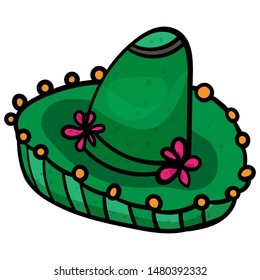 Mexican sombrero colorful. Green sombrero with flowers. Hat vector Illustration on a white background. - Vector. Vector illustration