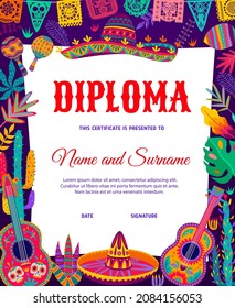 Diploma mexicano de sombrero, guitarra y fieta. Certificado vectorial de logros educativos, diploma infantil con tucanes y maracas, flores, papel de picado Día de Muerte corte garland y guitarra