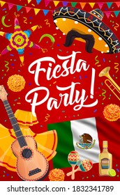 Mexican sombrero, guitar and maracas of vector fiesta party. Mexican flag, mariachi hat and trumpet, mustache, pinata and tequila, jalapeno, lime and flag bunting garlands, greeting card design