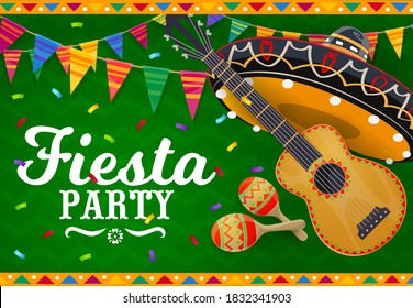 mexikanischer Sombrero, Gitarre und Maracas Vektorbanner. Fiesta Party-Mariachi-Musiker Hut und Musikinstrumente mit bunte Girlanden, Flaggen und Papier Konfetti, mexikanische Feiertagskarte Design