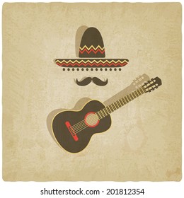 Mexican sombrero and guitar old background - vector illustration. eps 10