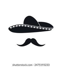 Mexican Sombrero hat cartoon illustration with mustache. Black icon, Cinco De Mayo symbol on white background.