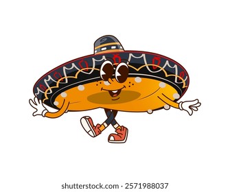 Mexican sombrero hat cheerful groovy character. Hispanic culture fiesta party outfit comical 60s 70s mascot, Mexican amigo men headwear sombrero hat isolated cartoon vector character or groovy mascot