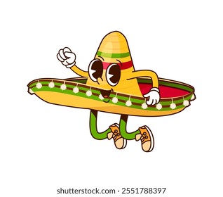 Caráter mexicano sombrero chapéu bonito groovy. Cultura hispânica charro cowboy roupa ou mexicano headwear desenho animado vetor isolado mascote. Músico mexicano sombrero chapéu saltando groovy personagem