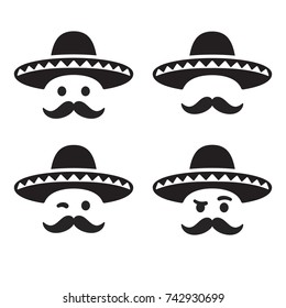 Sombrero mexicano con bigote divertido, carita sonriente y diferentes expresiones. Ilustración vectorial simple y mínima, icono o logotipo.