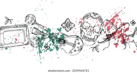 Mexican sombrero hat, guitar maracas musical instruments, tequila, cinco de mayo floral skull, red green flag. Hand drawn ink vector illustration. Isolated seamless banner. Travel, vacation, brochure