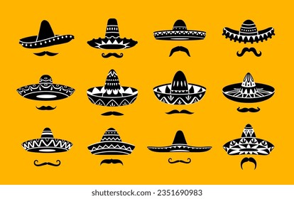 Mexikanischer Sombrero hat Symbole und Schnurrbart. Vektorgrafik-, Cowboy- oder Musikkapseln und Whiskers einzeln auf einfarbigen Zeichen, die Kultur, Folklore und Traditionen Mexikos und Lateinamerikas darstellen