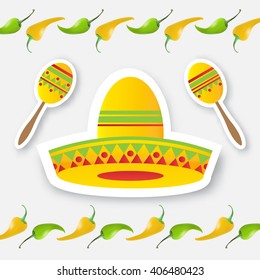 Mexican sombrero hat, maracas and green yellow pepper jalapeno. Vector illustration.