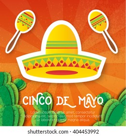 Mexican sombrero hat, maracas. Musical Instrument. Maraca, Mexico, Carnival, Percussion Instrument. Orange background with cactus. Vector illustration.