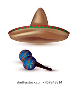 A Mexican sombrero hat and maracas shakers illustration. Traditional Mexican costume element isolated on white background.