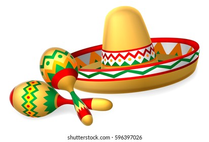 A Mexican sombrero hat and maracas shakers illustration