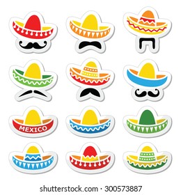 Mexican Sombrero hat with moustache or mustache icons 