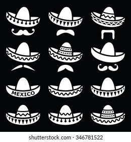 Mexican Sombrero hat with moustache or mustache white icons on black