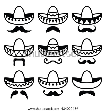 Mexican Sombrero hat with moustache or mustache icons 