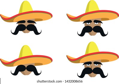 Mexican sombrero hat mustache man isolated vector cartoon illustration. American wild west Texas holiday character. Food and tourism logo sign symbol poster 