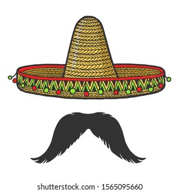 Mexican sombrero hat and mustache sketch engraving vector illustration. T-shirt apparel print design. Scratch board style imitation. Black and white hand drawn image.