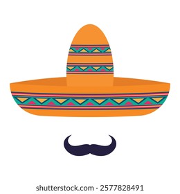 Mexican sombrero hat and mustache. Vector illustration of Cinco de Mayo celebration icon.