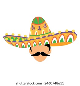 Mexican sombrero hat with a mustached man illustration, in a colorful cartoon style, representing mariachi and traditional clothing, Mexico.