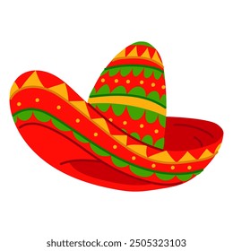 Mexican sombrero hat on an isolated white background. Vector flat illustration of national Mexican clothing. A large conical crown and usually with the edges of the fields rounded up. Drawn sideways